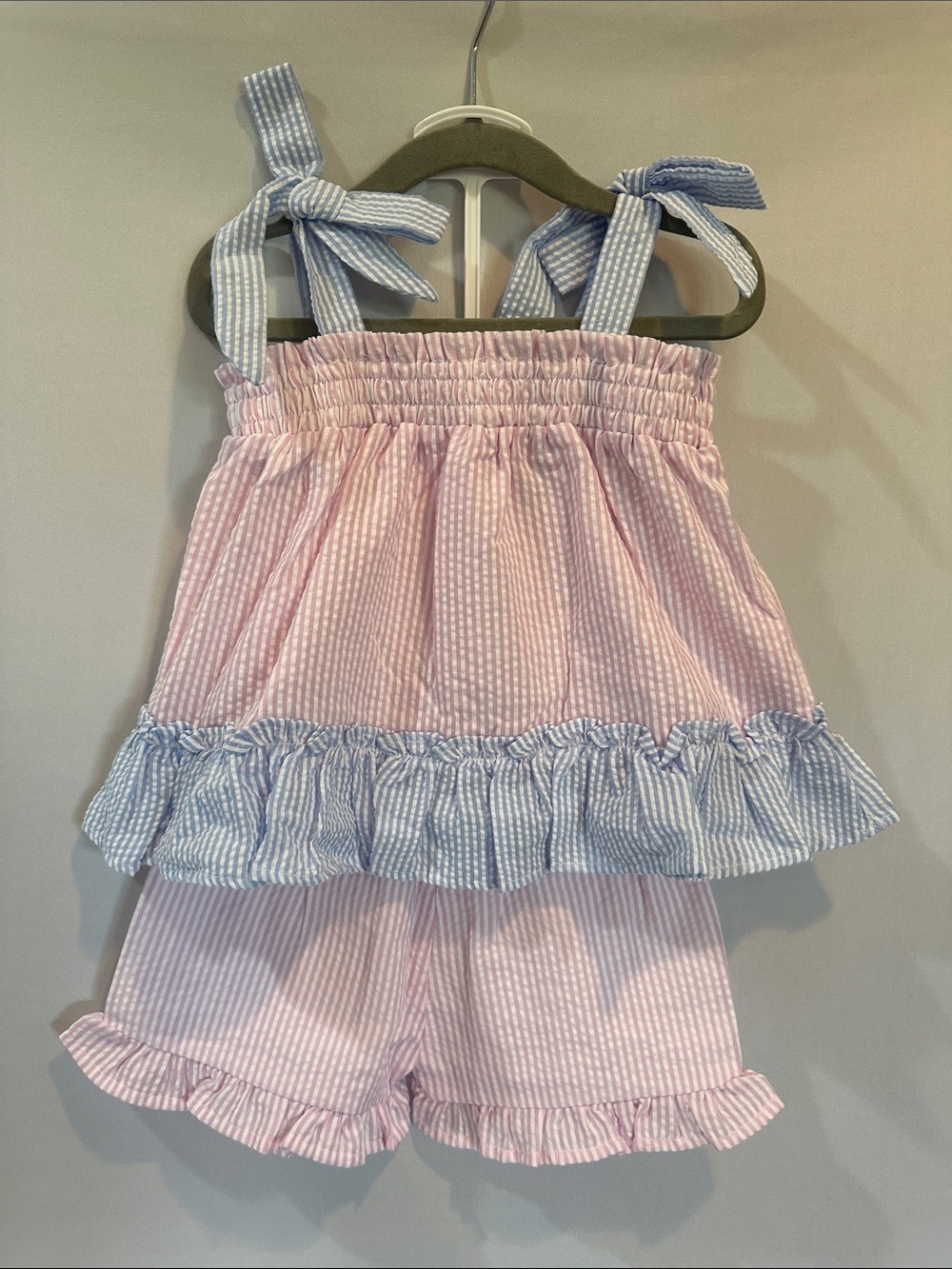 Girls Pink Seersucker Ruffle Pajama Set with Blue Trim